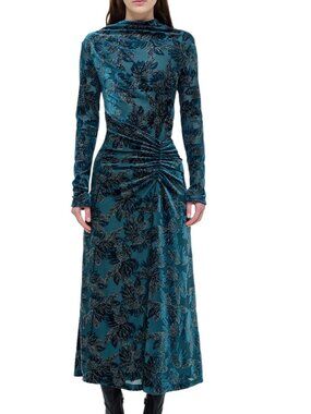 Simkhai Ferrera Floral Velvet Midi Dress L Petrol Long Sleeve Formal